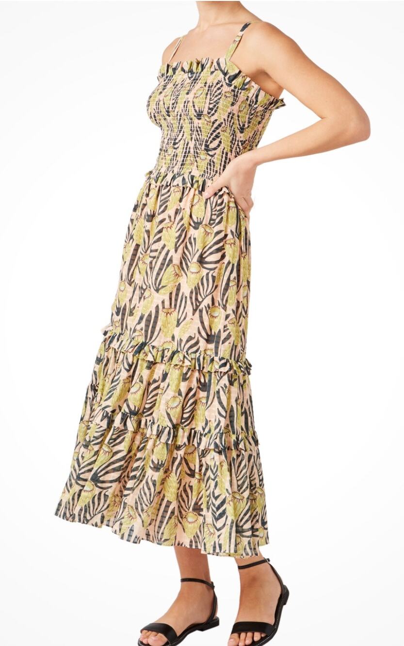 Temperly London Maxi Dress Green Cotton Reef Print Smocked Bust Tiered Skirt 12